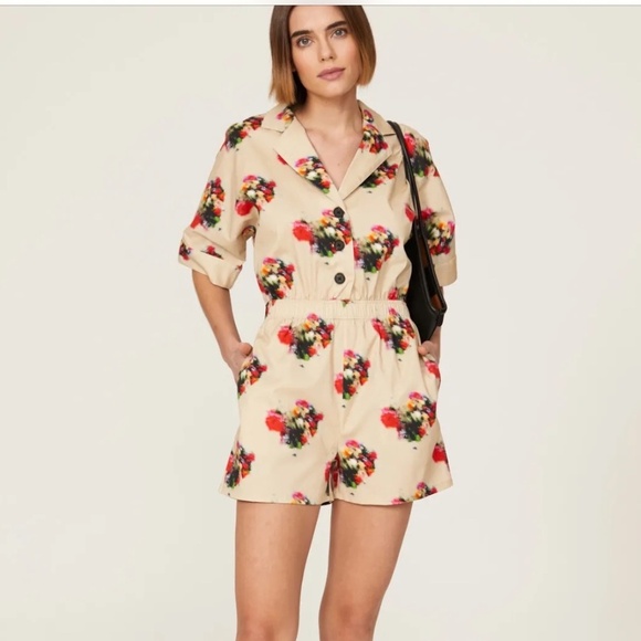 Adam Lippes Collective Blurry Floral Tan Romper - Picture 1 of 5